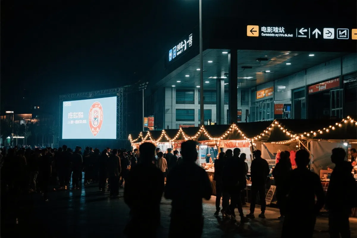 费城球迷广场夜景：大屏观赛人群、步行指示牌与公共交通入口
